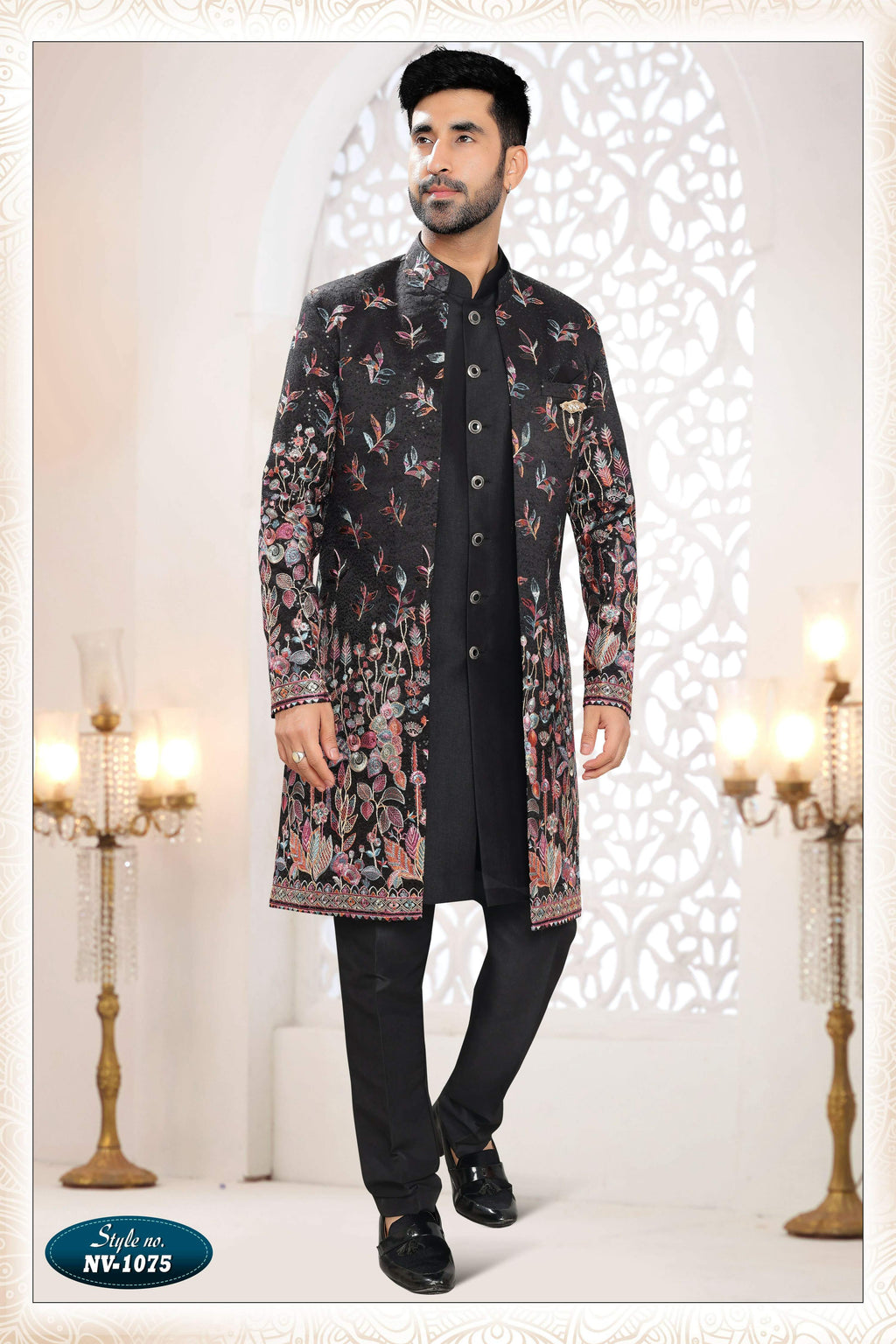 Men's black straight silk kurta set featuring detailed all-over sequence and thread embroidery