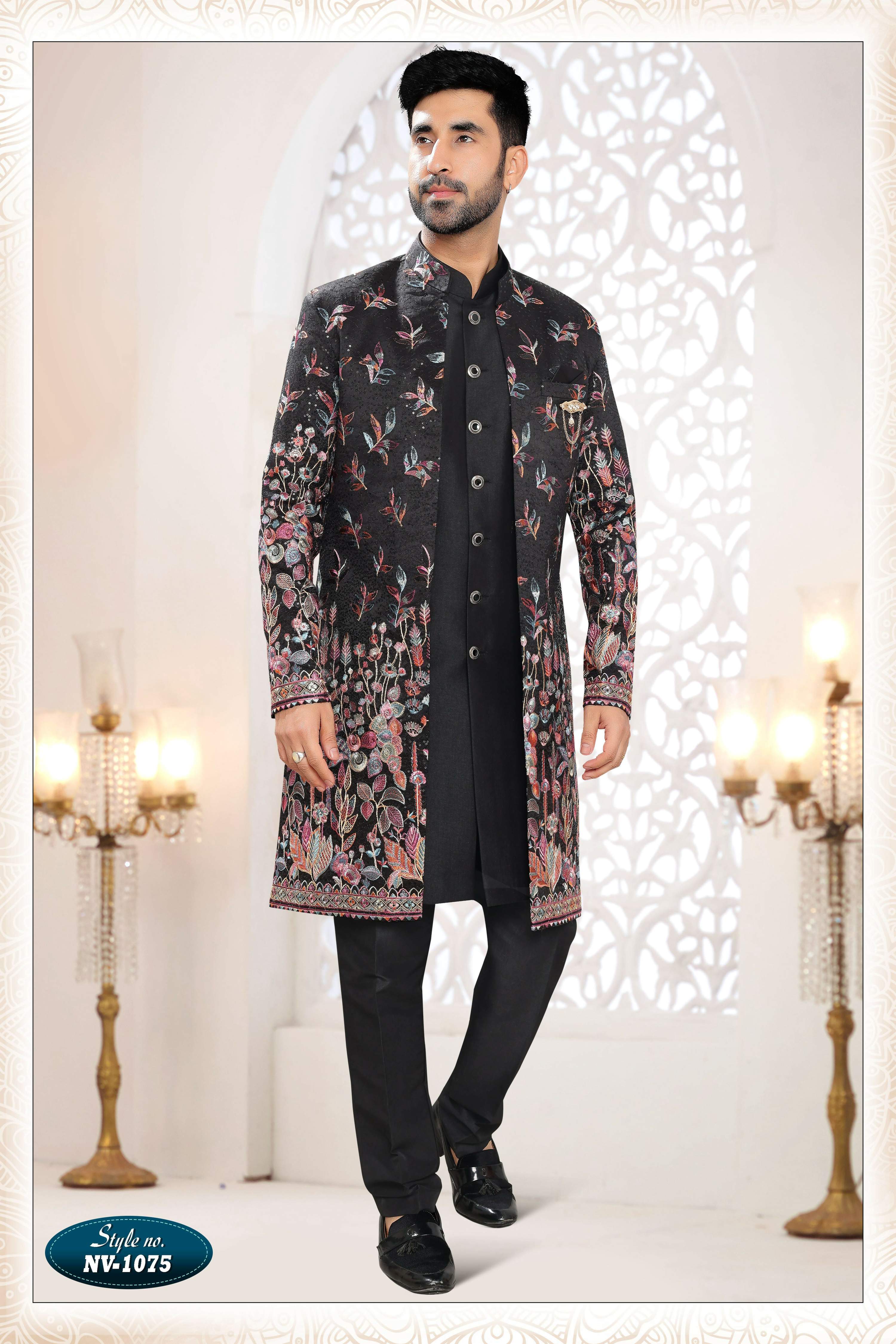 Men's black straight silk kurta set featuring detailed all-over sequence and thread embroidery