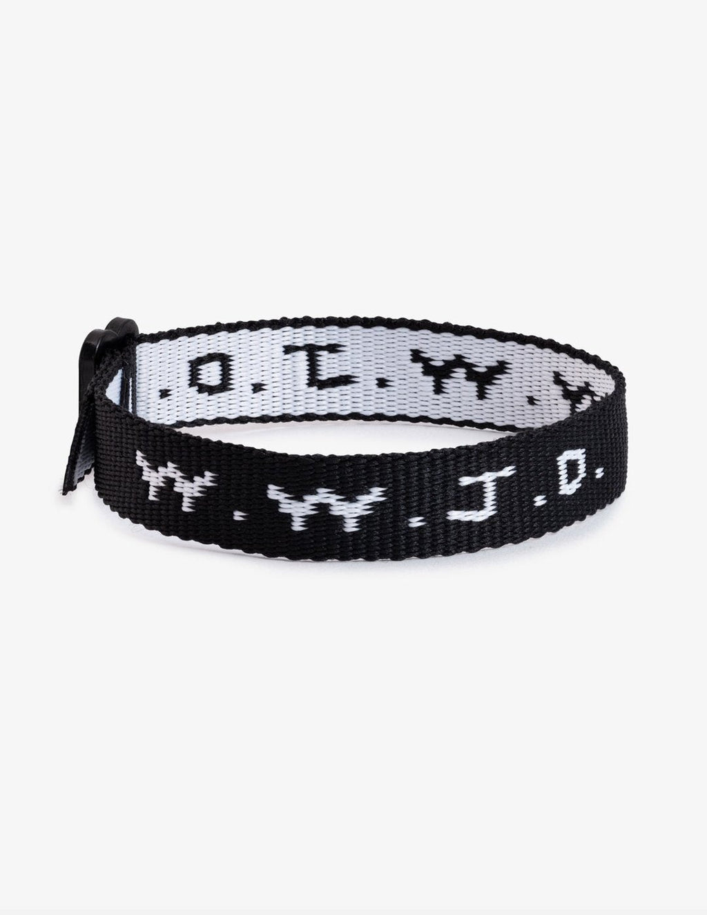 Close up of a colorful W.W.J.D. adjustable bracelet worn on a wrist, showcasing 90s aesthetic