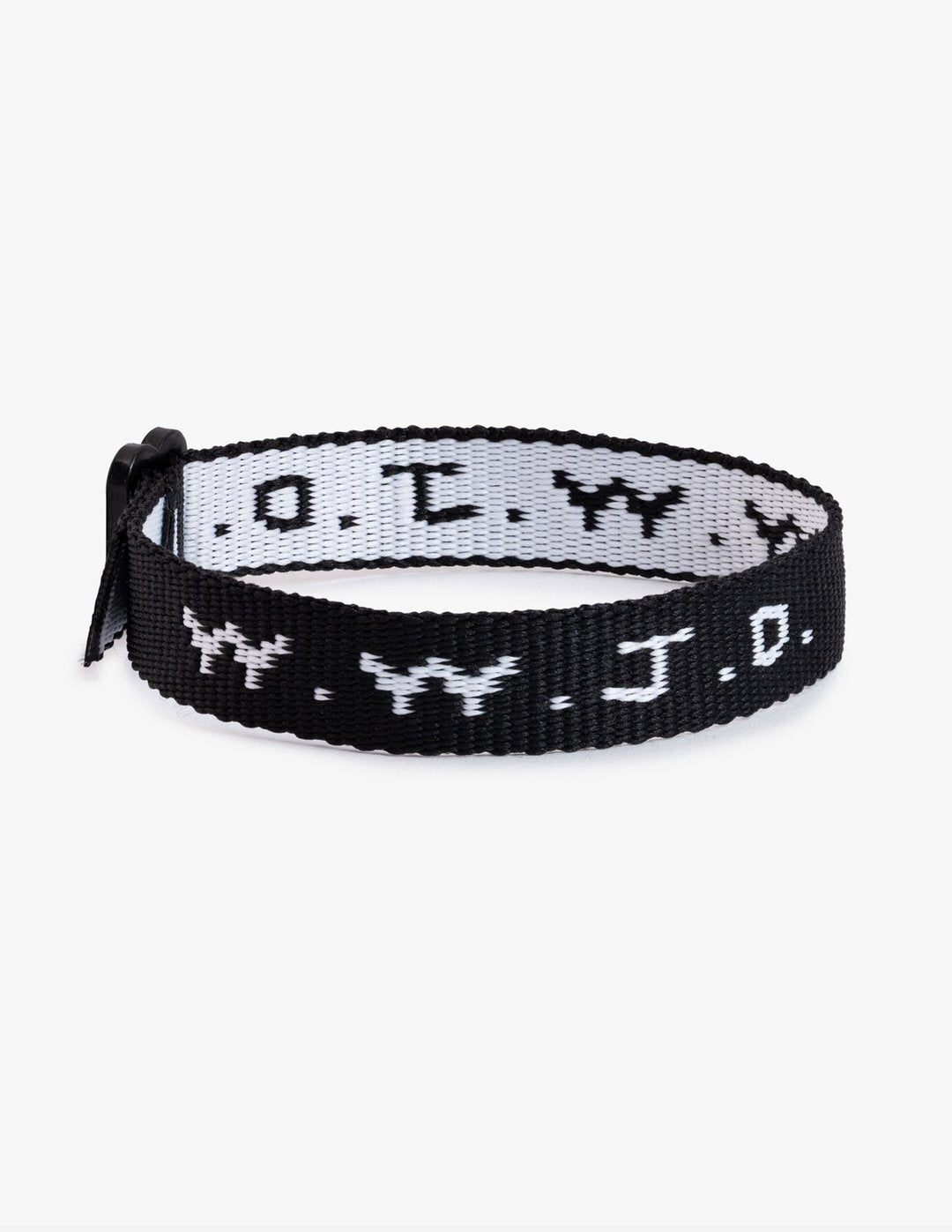 Close up of a colorful W.W.J.D. adjustable bracelet worn on a wrist, showcasing 90s aesthetic