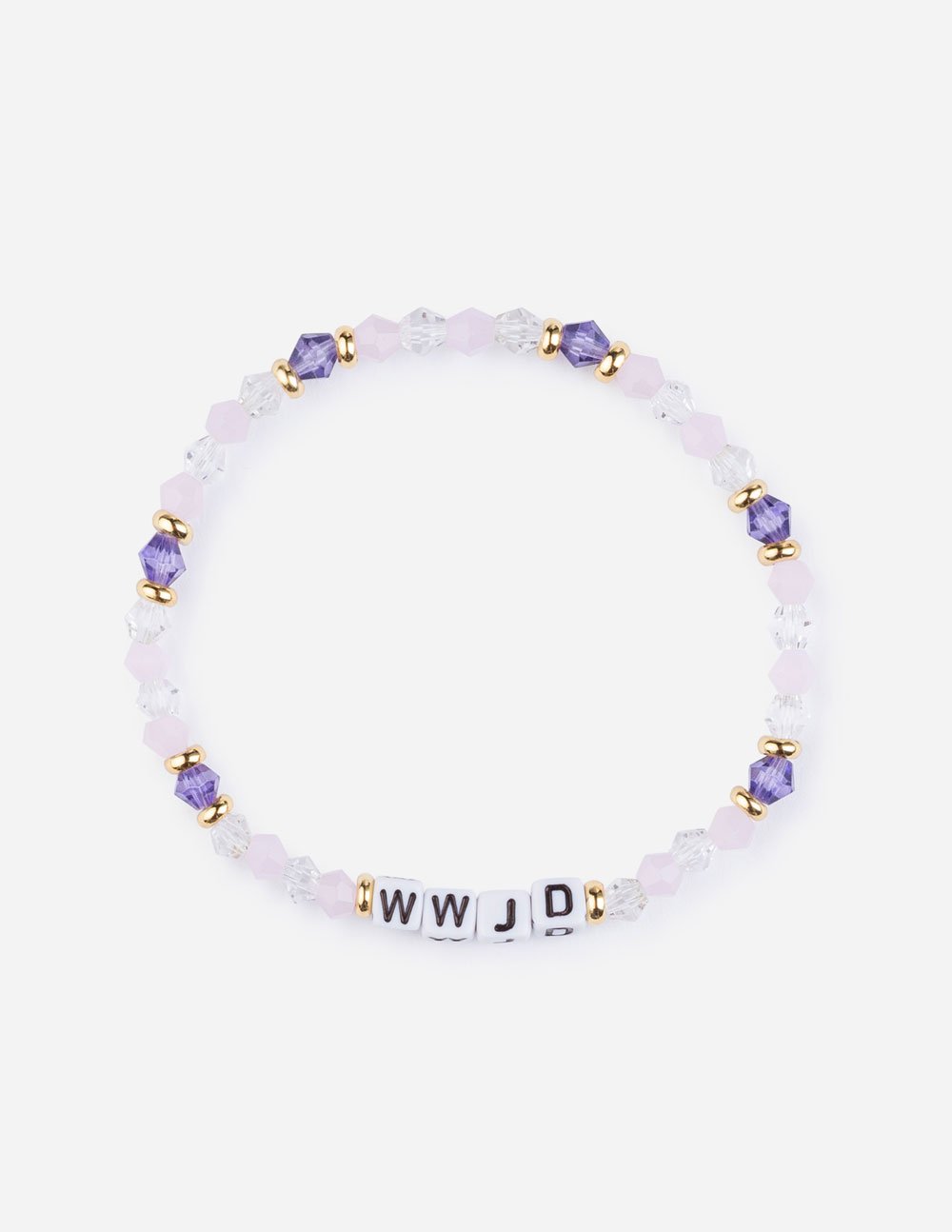 WWJD letter beaded bracelet featuring light purple and clear crystals with gold-tone accents on a white background