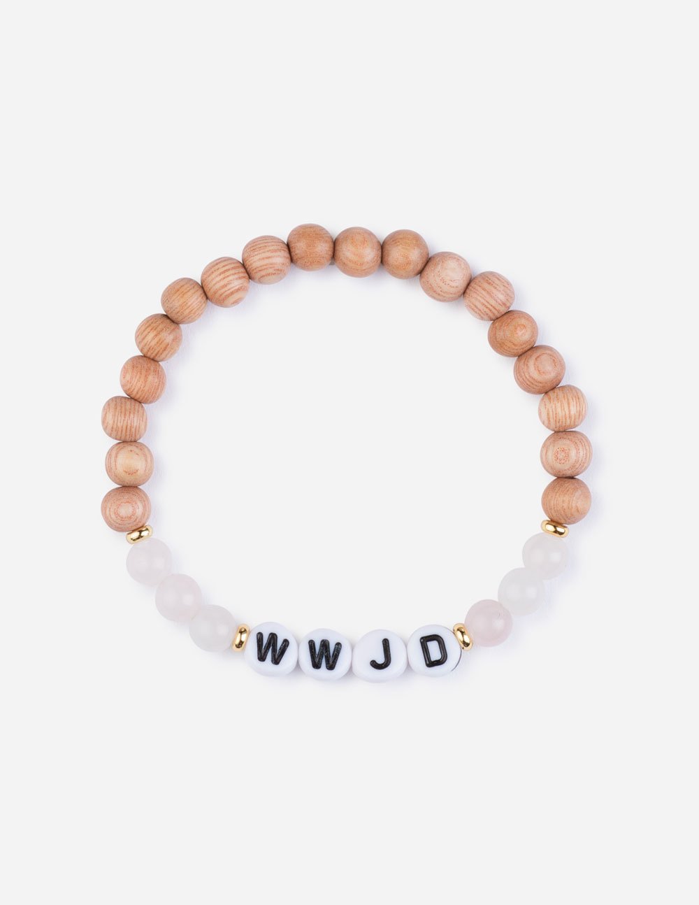 A stretch bracelet featuring wooden beads, light pink translucent beads, and white letter beads spelling out WWJD.