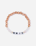 A stretch bracelet featuring wooden beads, light pink translucent beads, and white letter beads spelling out WWJD.