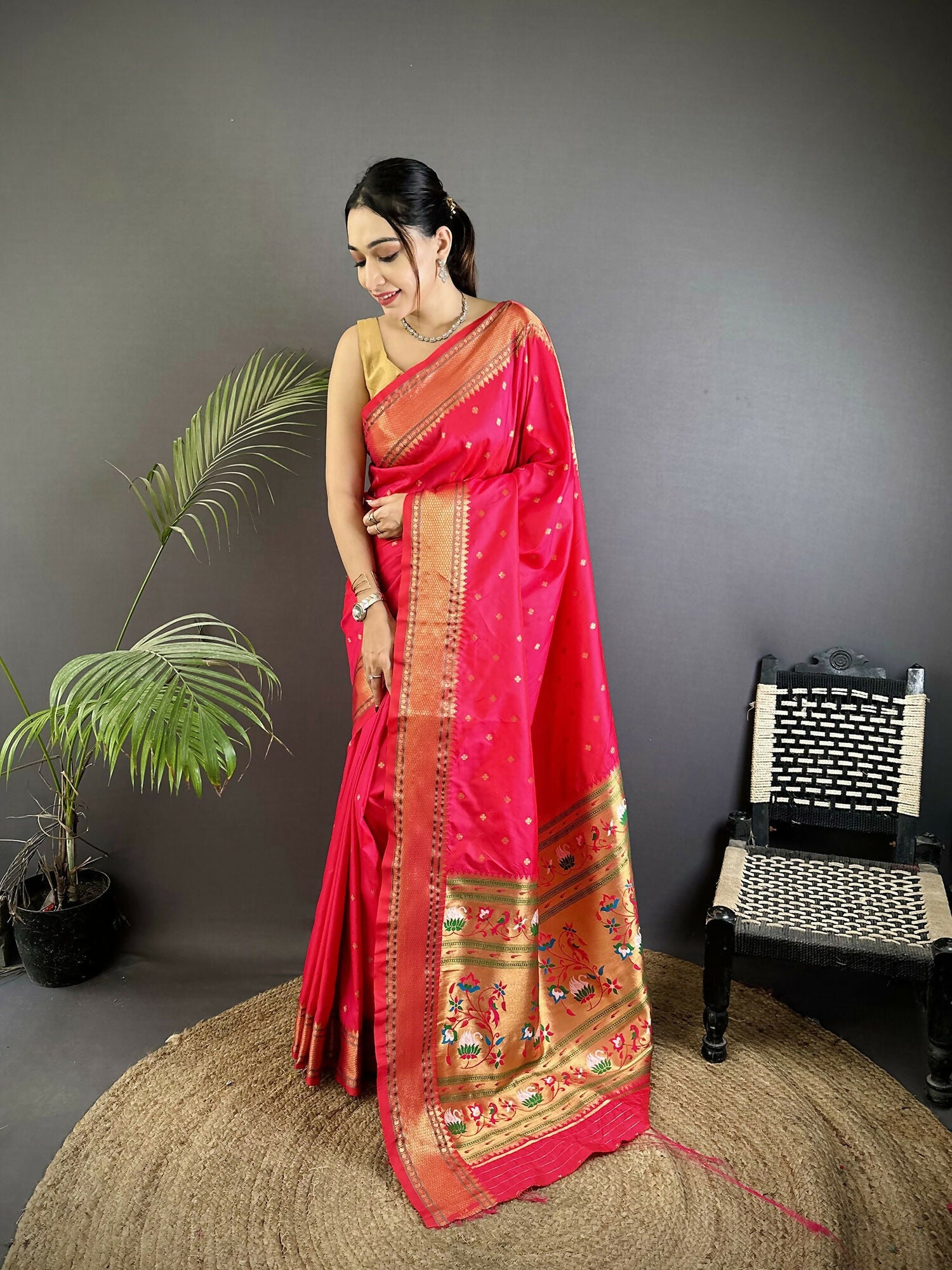 Magenta Pink Lichi Silk Paithani Saree with intricate butti weaving