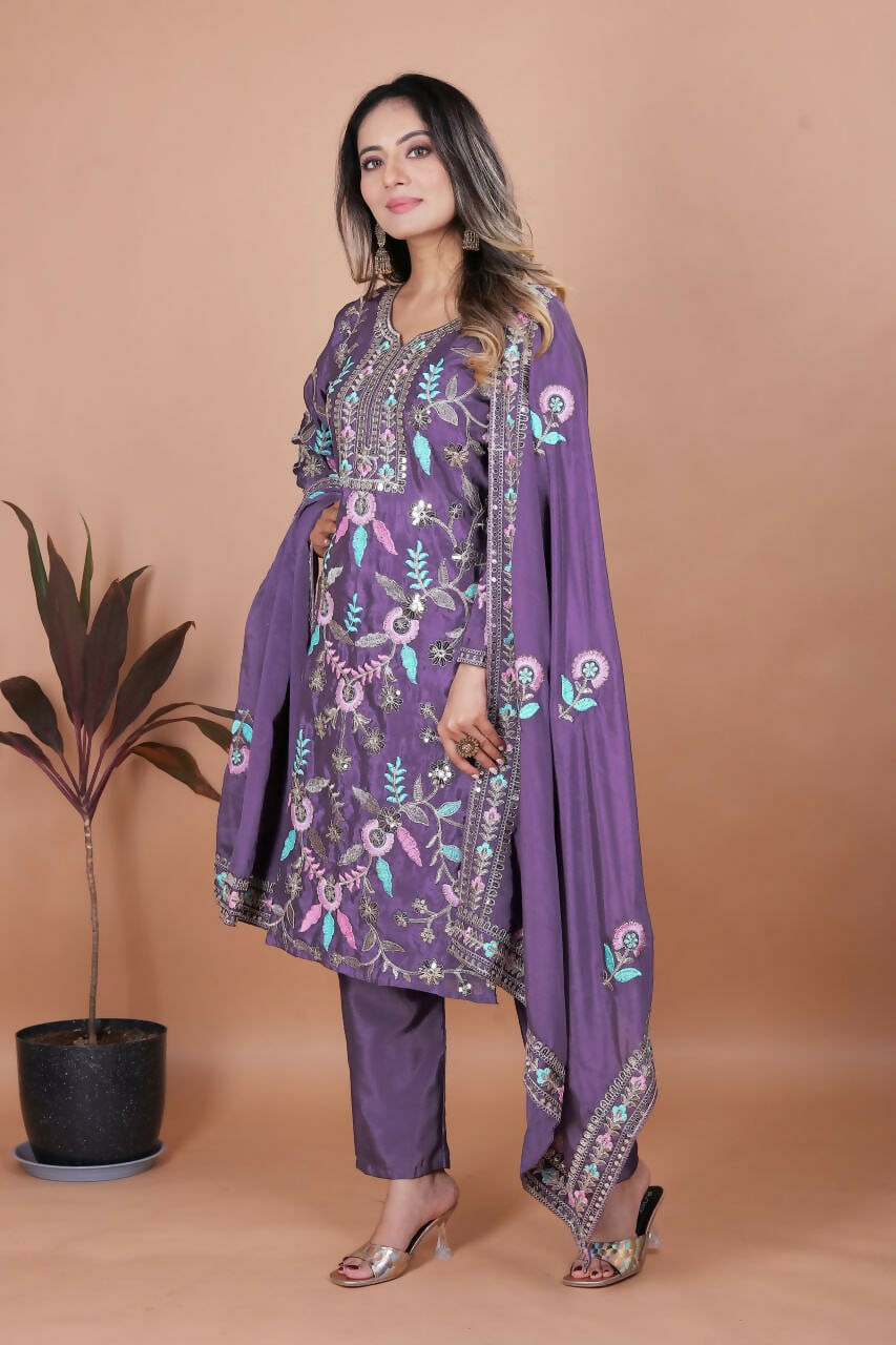 Purple Silk Embroidered Kurti Set with Stitched Detailing