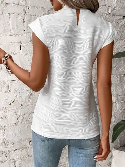 White Textured Wave Pattern Cap Sleeve Top - Image 5