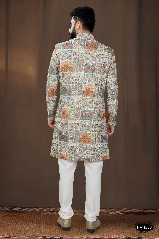 Pista Multi-Colour Georgette Kurta and White Pyjama Ethnic Set