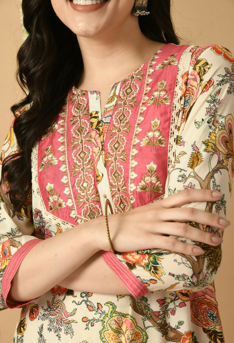 White Maslin Kurta Set with Cotton Bottom - Elegant Ethnic Suit
