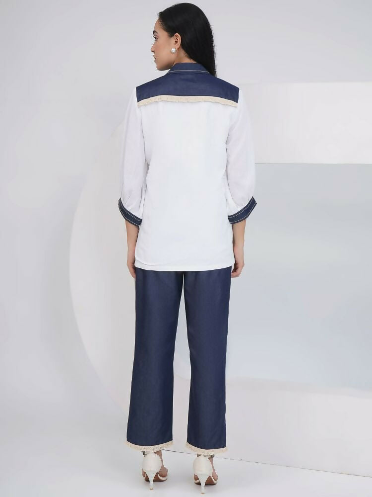 White Rayon Crepe Hand-Embellished Shirt and Embellished Pants Set