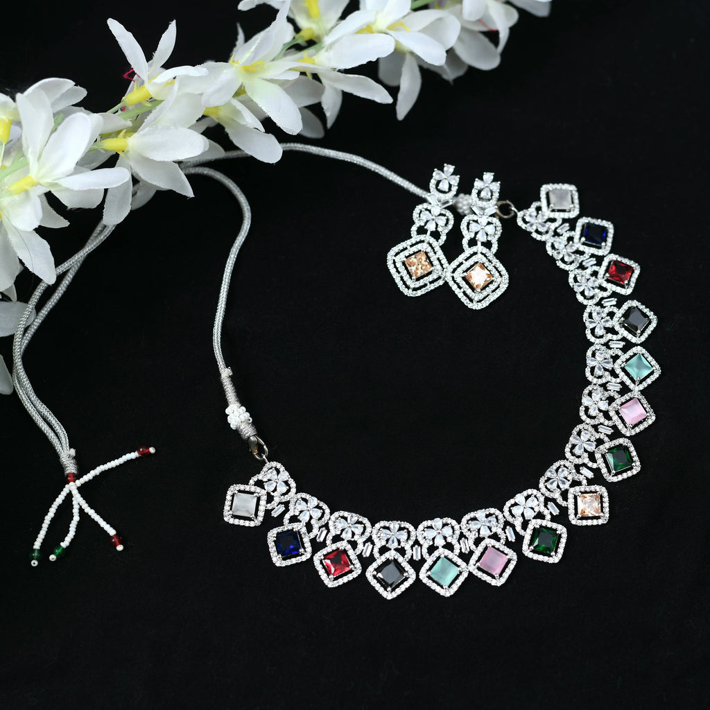 Multi-Color American Diamond Choker Necklace Set for Women