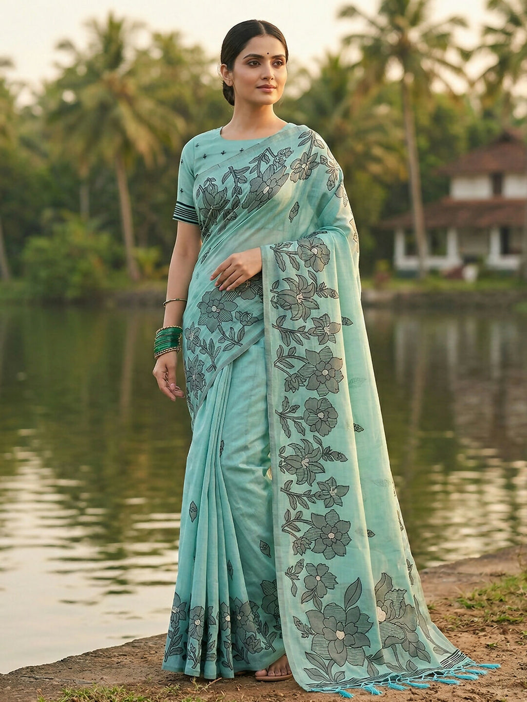 Sea Green Linen Cotton Saree with Matching Blouse