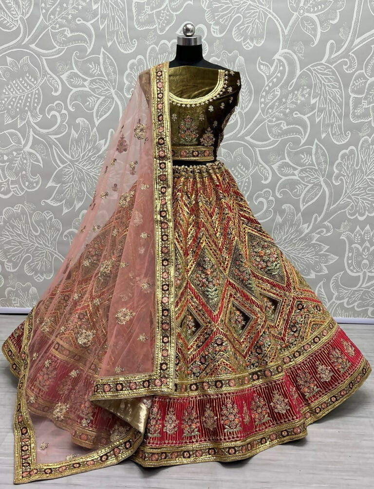 Pista Green Velvet Lehenga Choli with golden gotta and diamond work