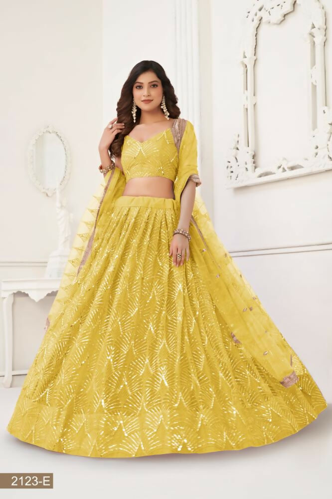 Yellow Butterfly Net Lehenga Choli with Mirror & Sequence Work