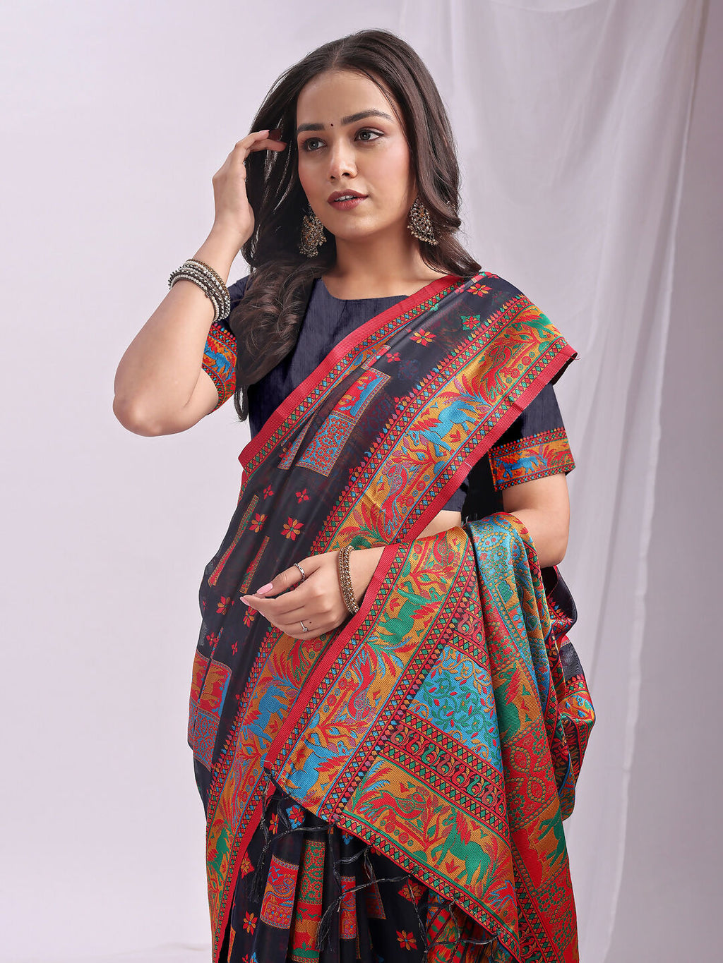 Navy Blue Linen Cotton Saree for Elegant Daily and Occasion Wear