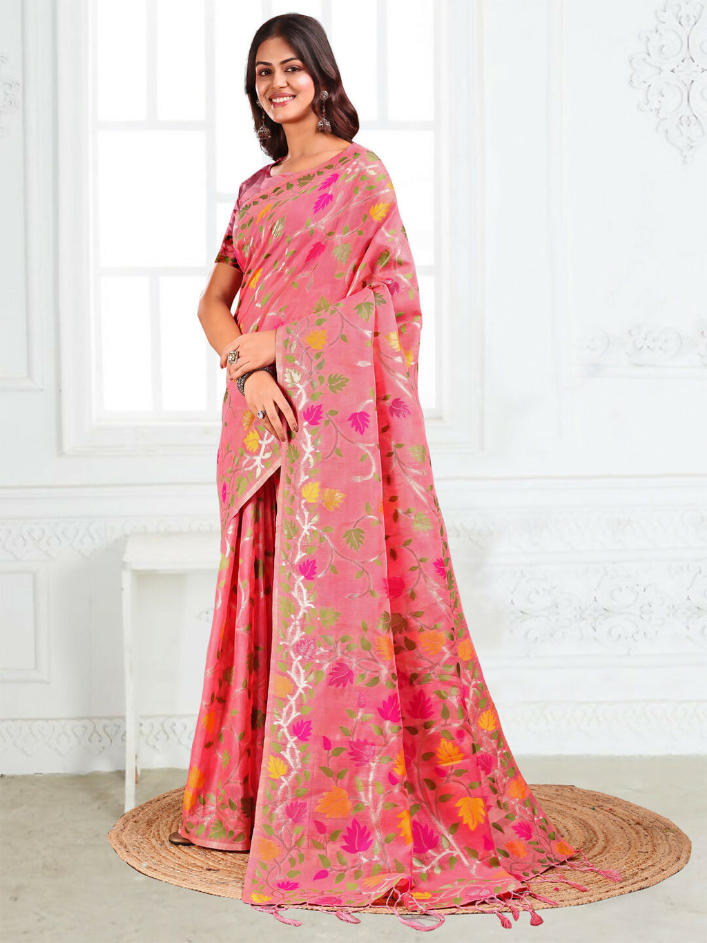 Pink Linen Cotton Saree with Matching Blouse Piece
