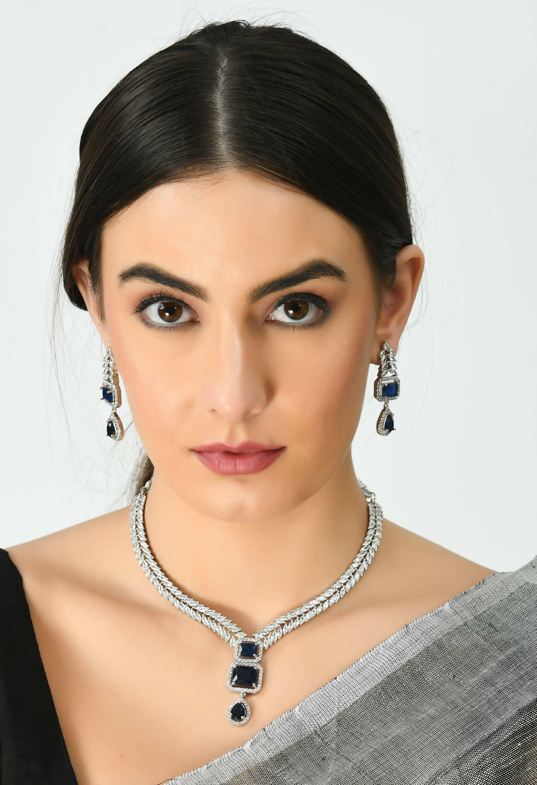 American Diamond Silver-Plated Navy Blue Choker Set