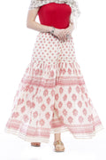 Off-white and red cotton block print palazzo pants with intricate lace work detailing.