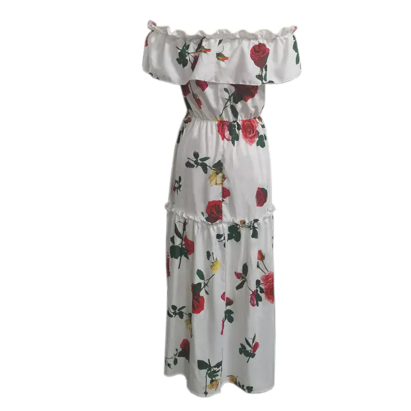 Women Floral Off-Shoulder Maxi Dress White Rose Print - Image 3