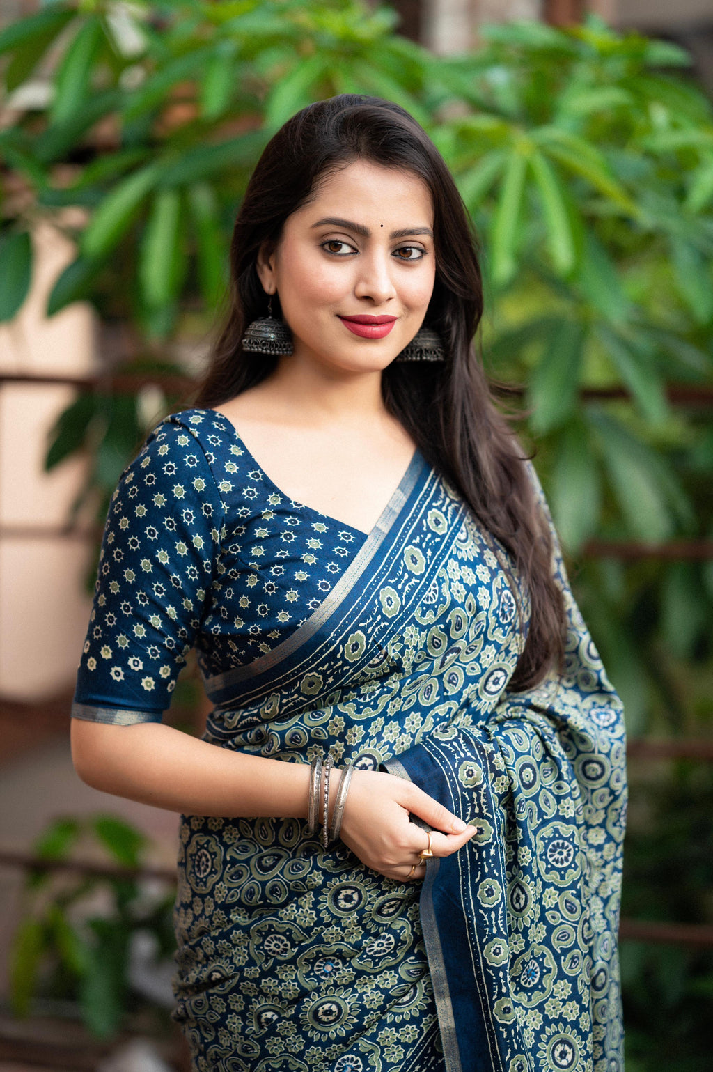 Blue Ajrak Print Cotton Blend Saree with Zari Border
