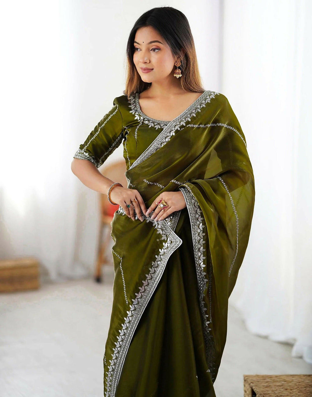 Olive Green Tissue Silk Saree with Sequence Embroidery