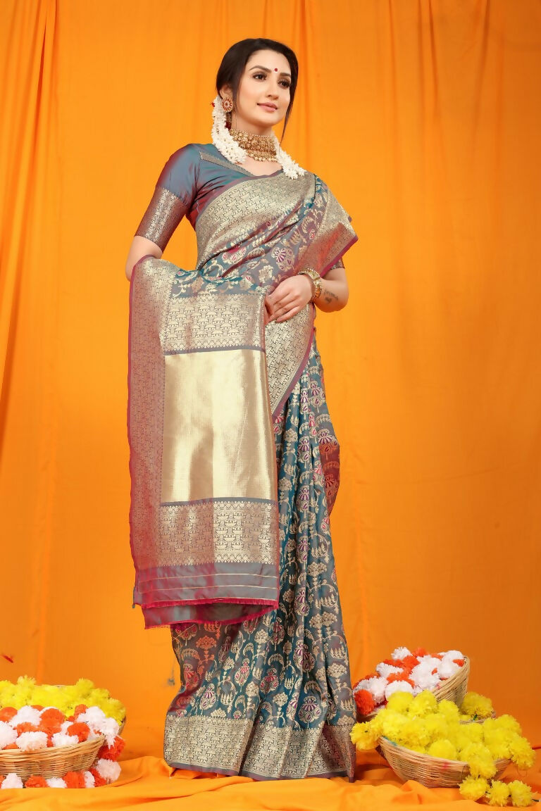 Grey Kanjivaram Silk Zari Woven Saree with Matching Blouse