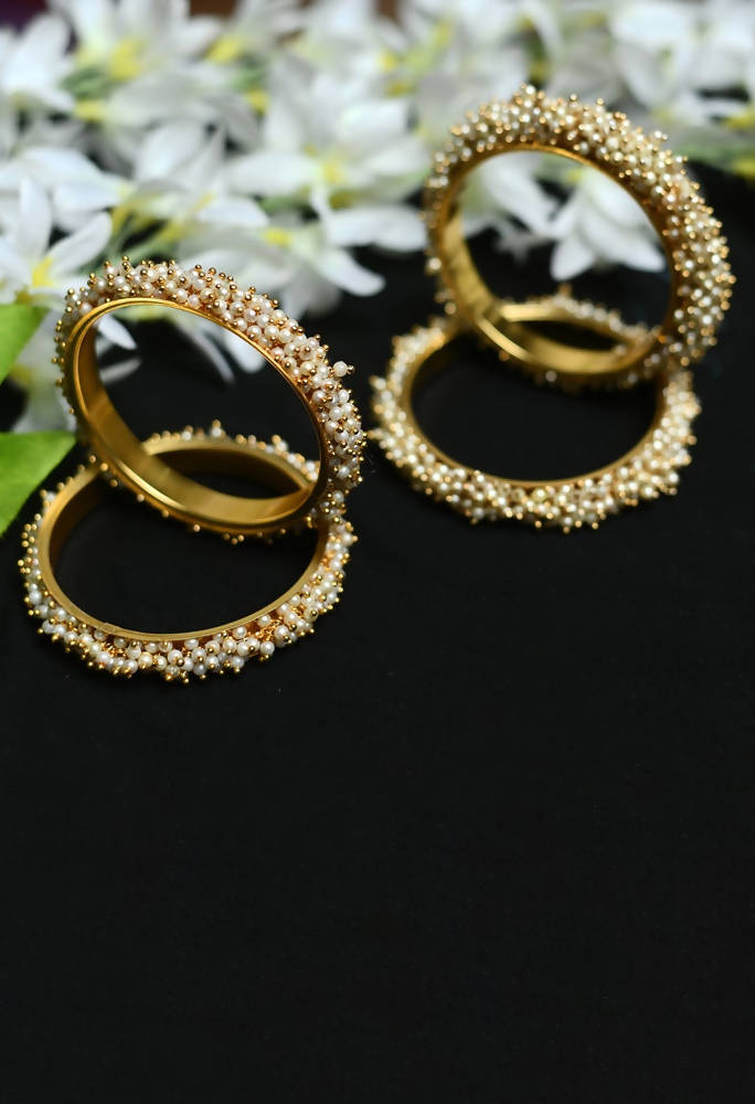 Golden Off-White Beaded Pearl Bangle Set for Women