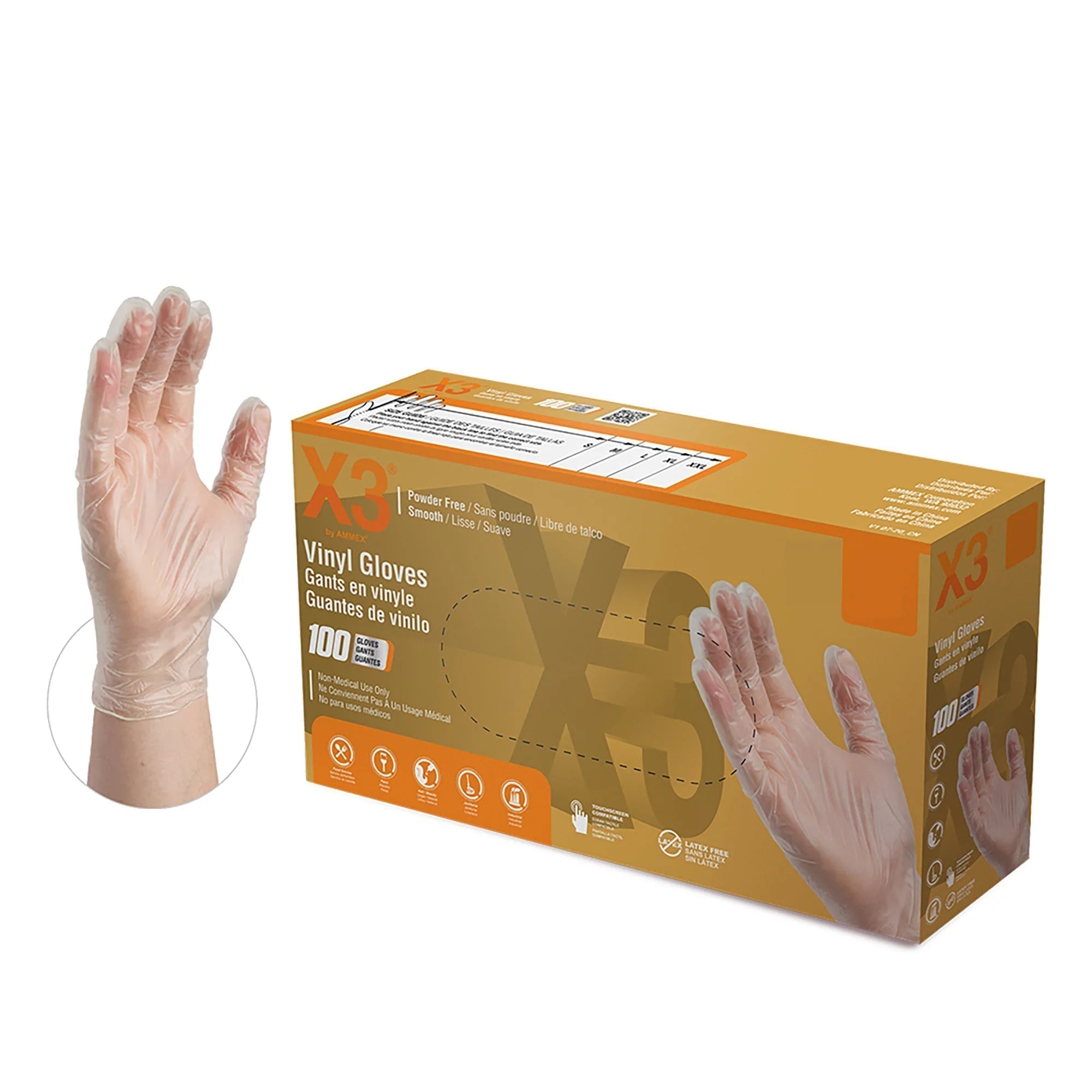 A box of Ammex X3 clear vinyl powder-free disposable gloves for industrial use.