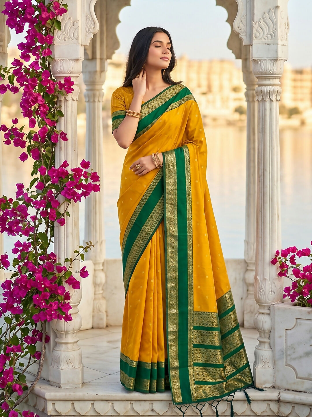 Beautiful yellow silk blend saree perfect for festive occasions