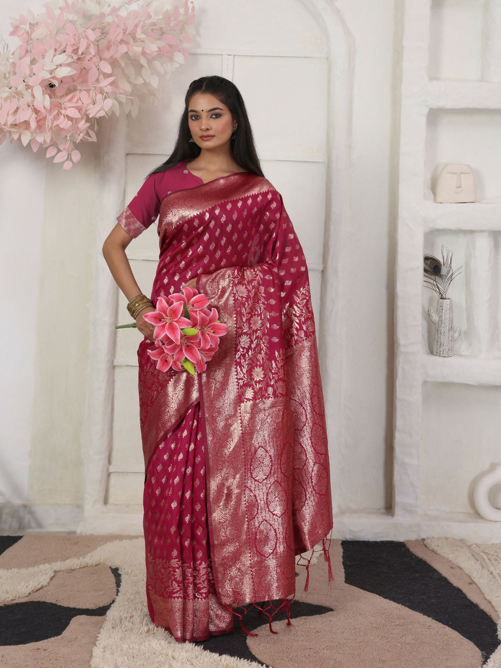 Lichi Silk Wine Saree with Matching Blouse Piece