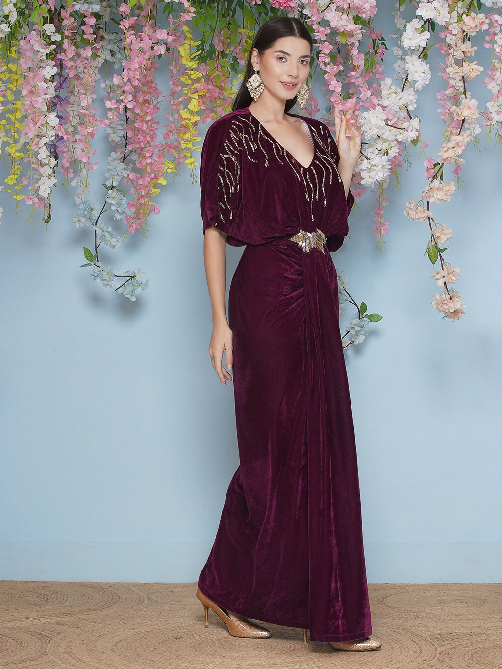 Joban Fashion Wine Hand Embellished Velvet Gown With Belt
