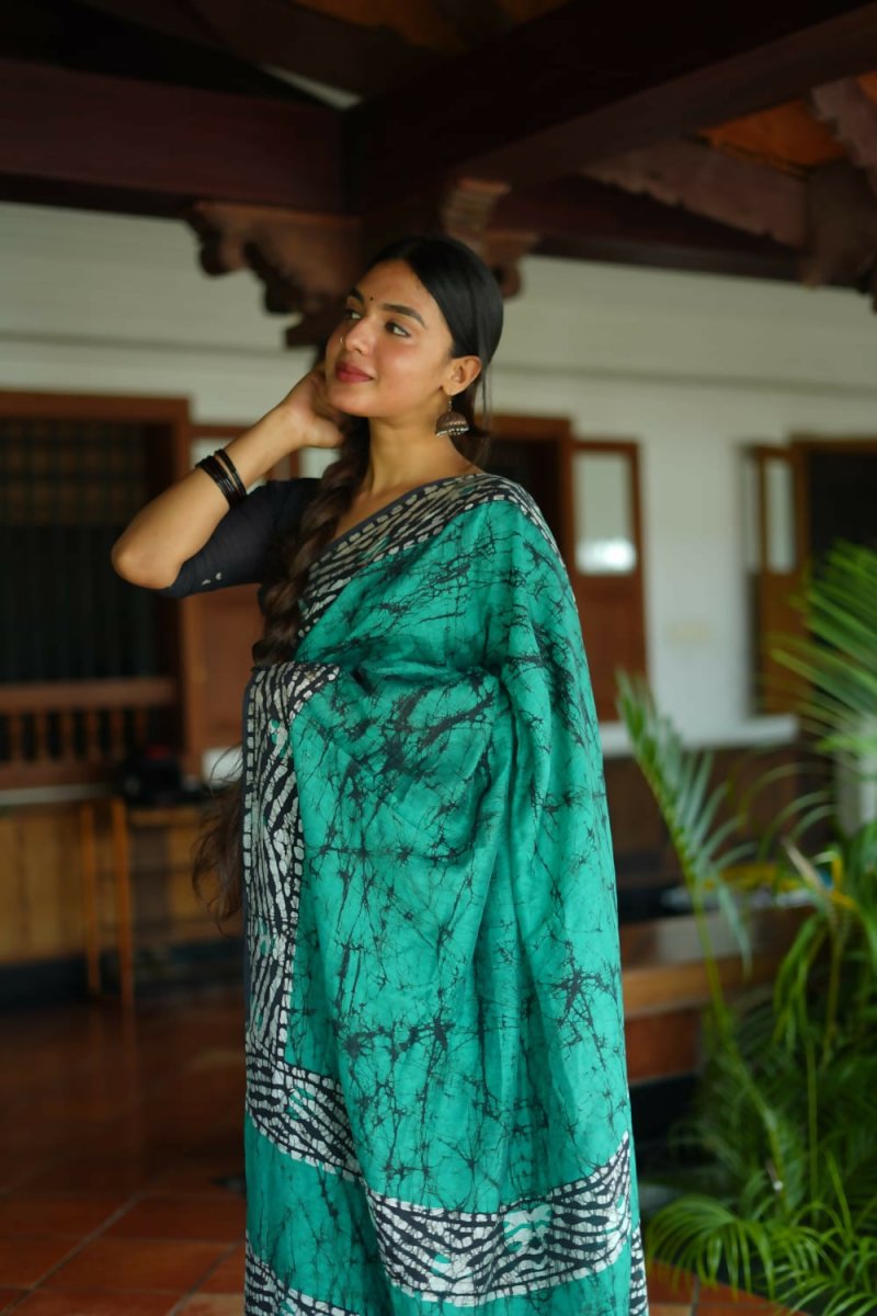 Rama Green & Black Pure Chanderi Cotton Batik Saree