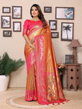 A vibrant orange tissue silk saree with intricate gold weaving patterns
