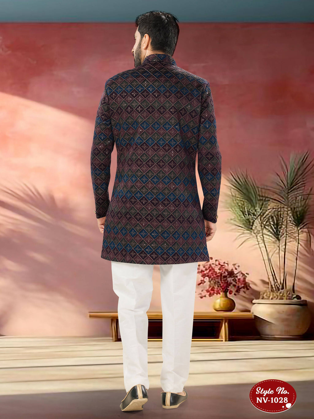 Men's Blue Velvet Indo-Western Kurta Set with Sequence Embroidery