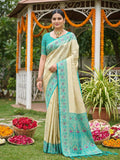 A beautiful sky blue soft silk saree with a matching fabric blouse piece