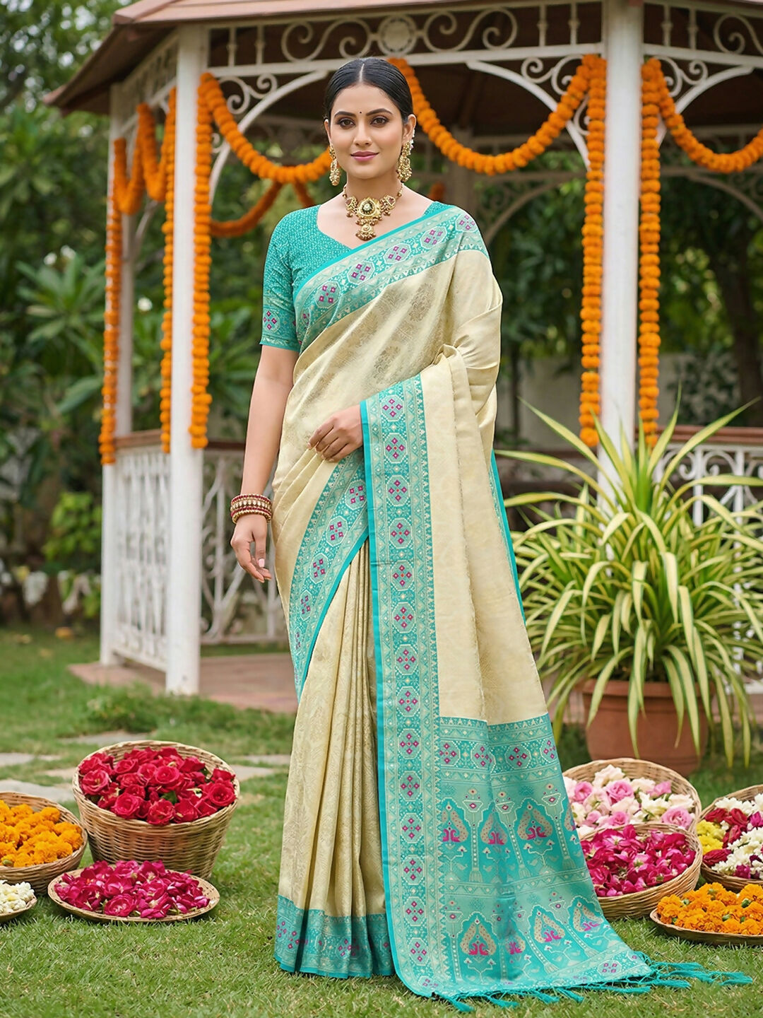 A beautiful sky blue soft silk saree with a matching fabric blouse piece