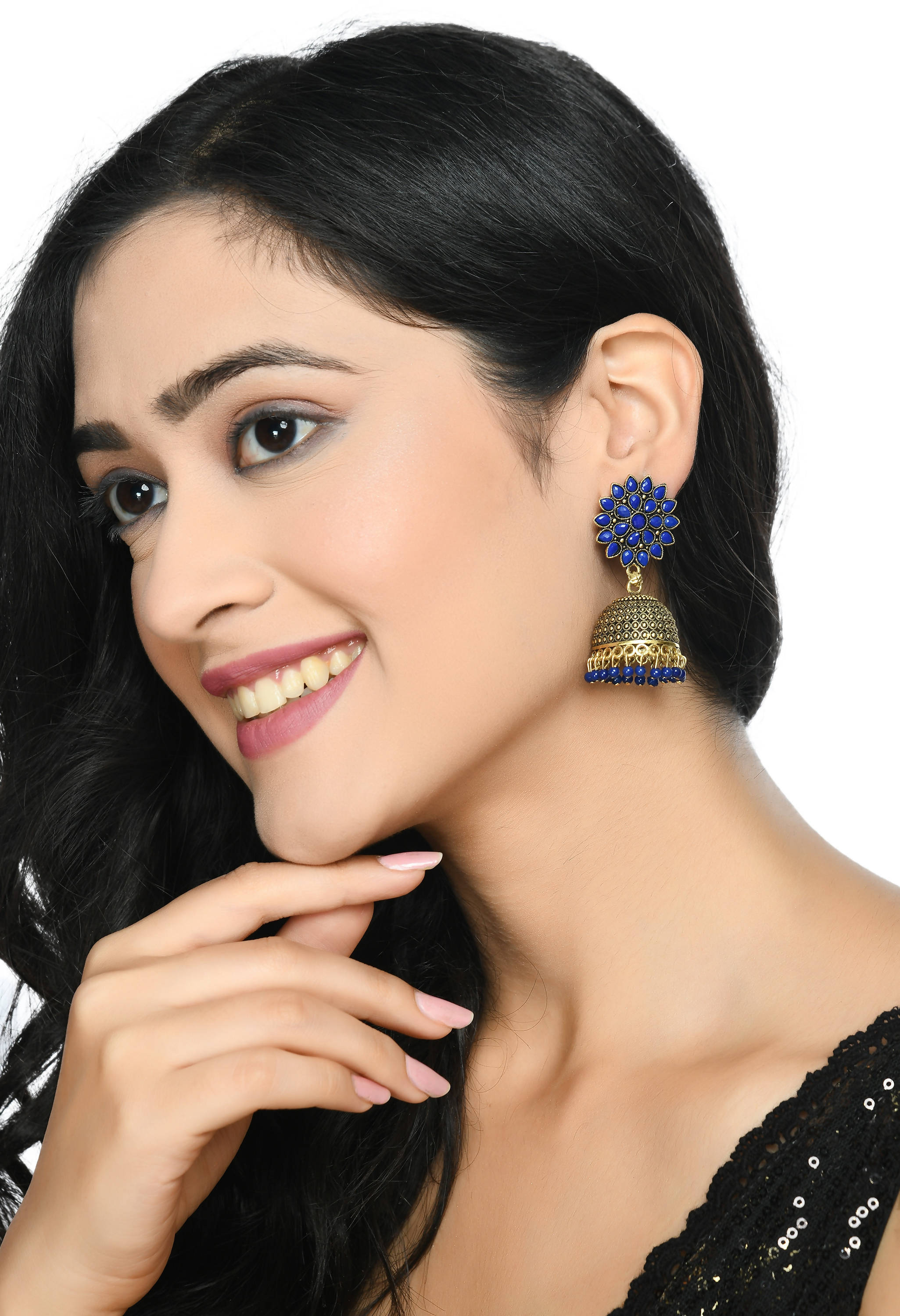 Elegant Kundan Jhumka Earrings with Sophisticated Blue Beads