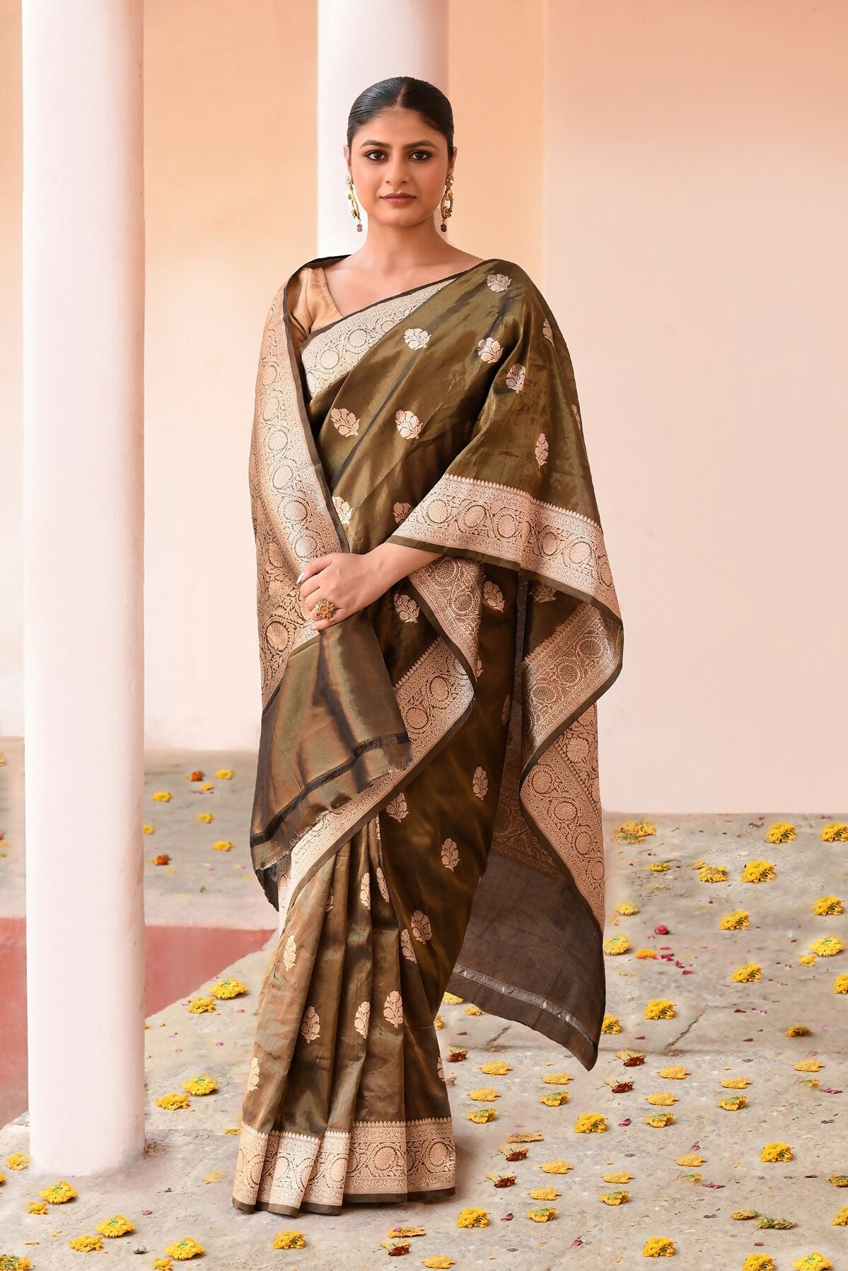 Olive Green Handloom Banarasi Katan Silk Saree
