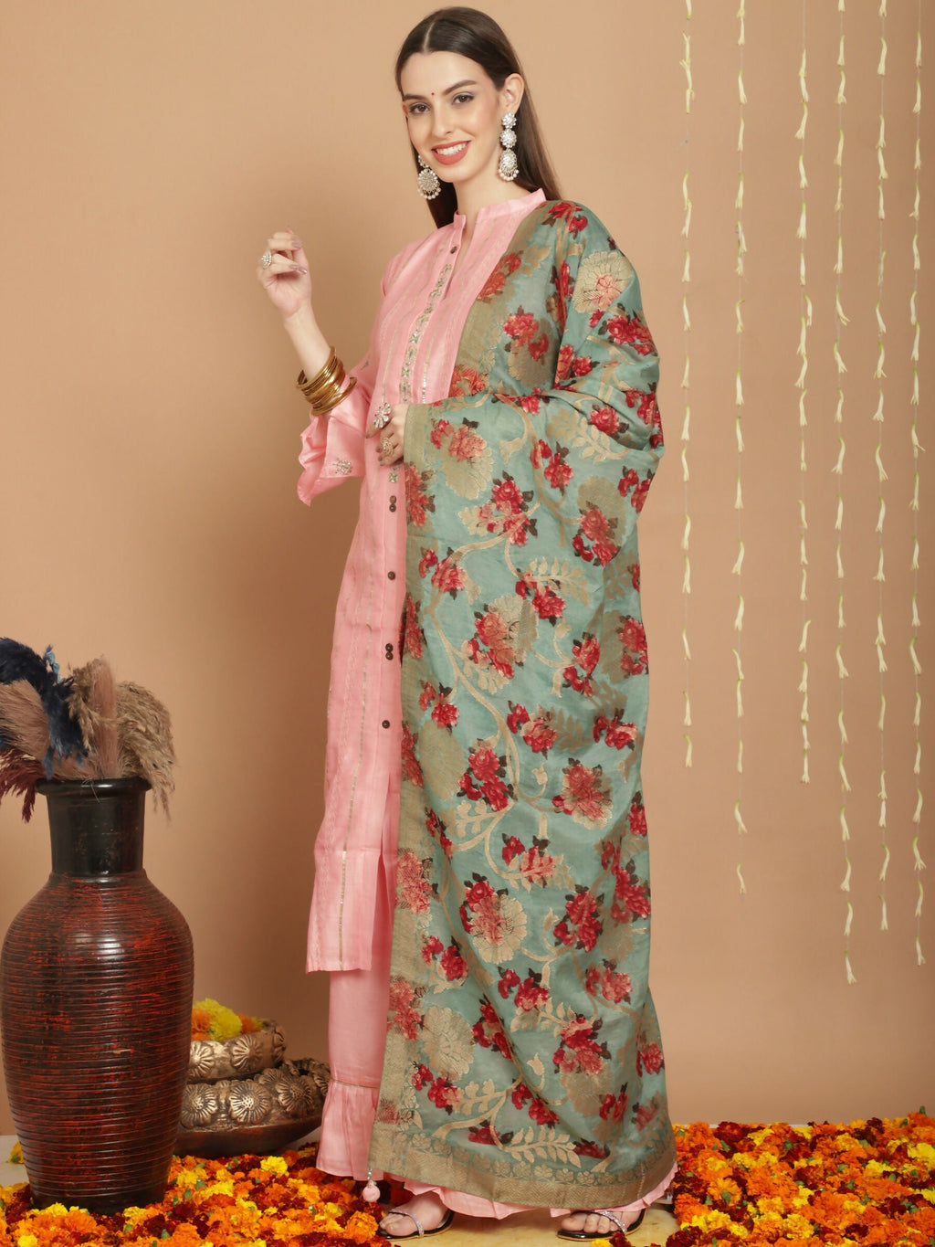 Peach Chanderi Silk A-Line Kurta Set with Elegant Jardoshi Work