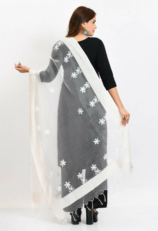 Women's White Organza Dupatta with All Over Chikan Embroidery