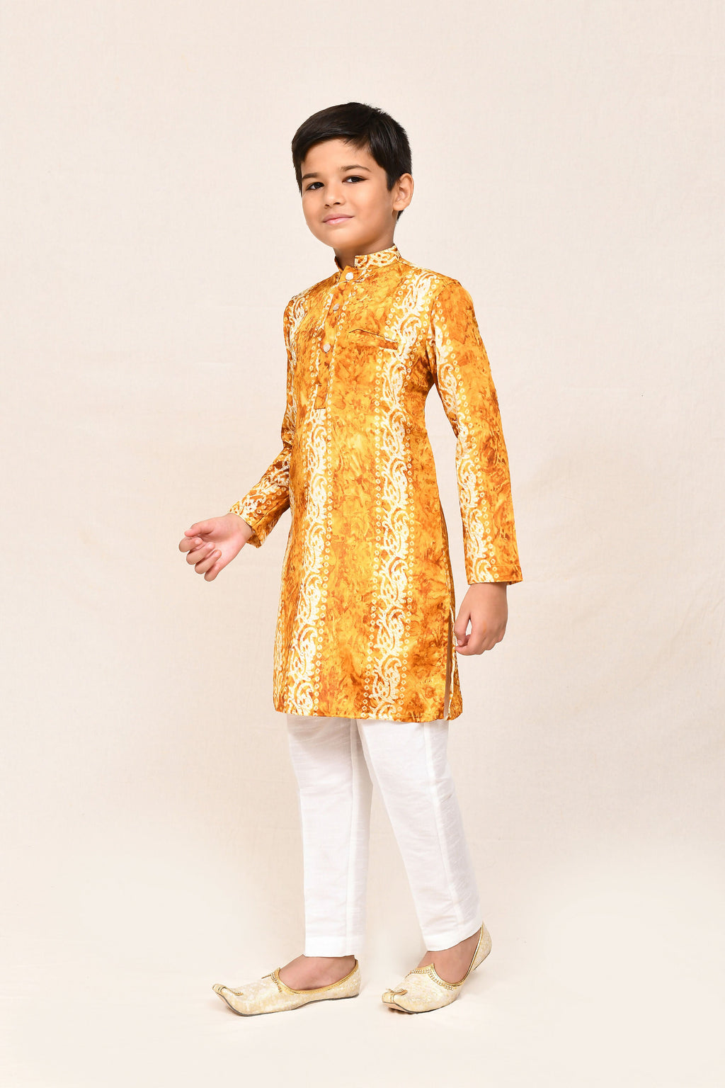 Kids mustard yellow silk kurta set with white straight fit art silk pants