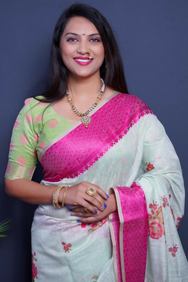 Magenta Linen Silk Digital Print Saree with Jacquard Border