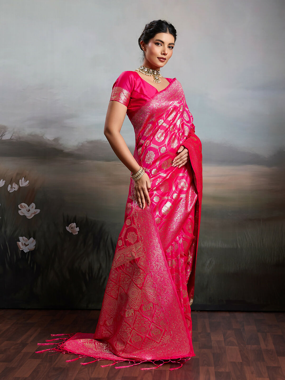 Rani Pink Silk Blend Saree with Matching Blouse Piece
