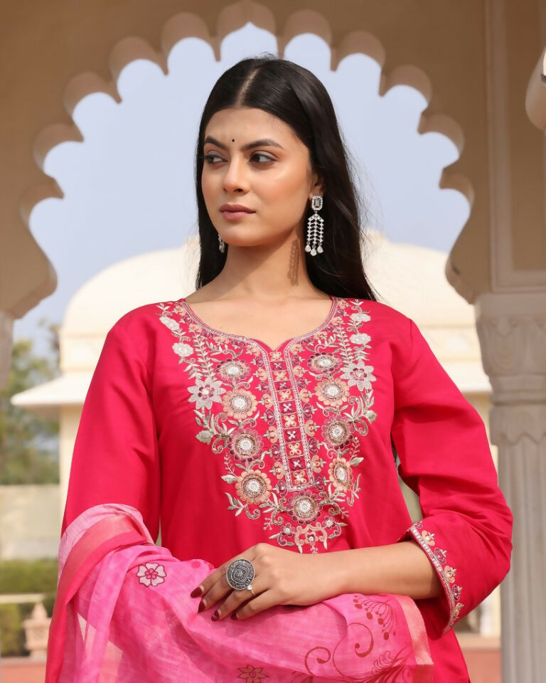 Women's Pink Cotton Silk Floral Print Kurta Set with Hand Work