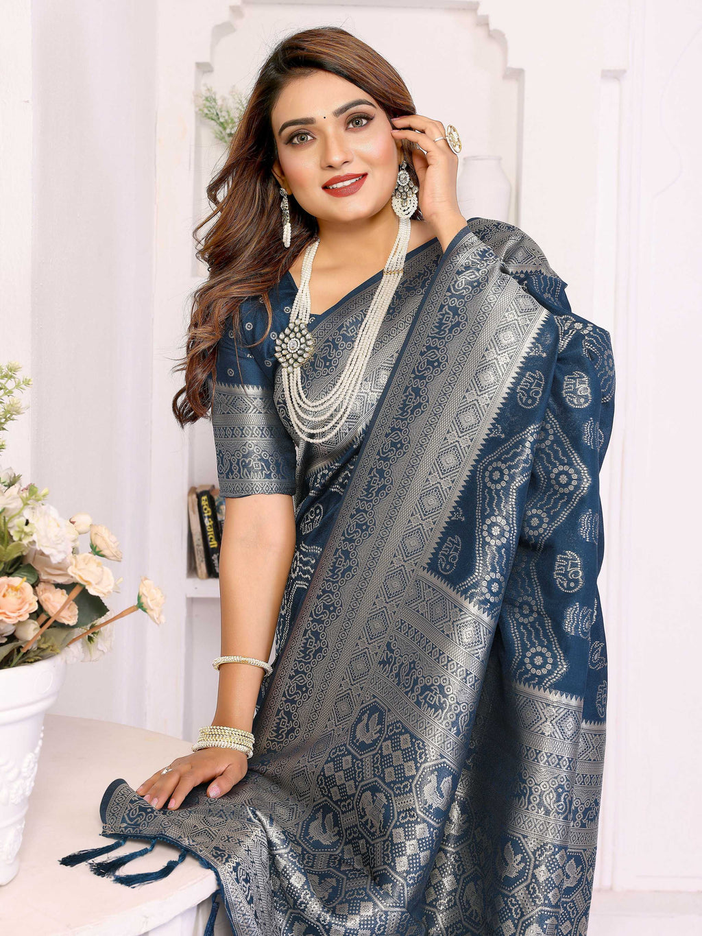 Teal Blue Georgette Silk Leheriya Saree with Zari Weaving
