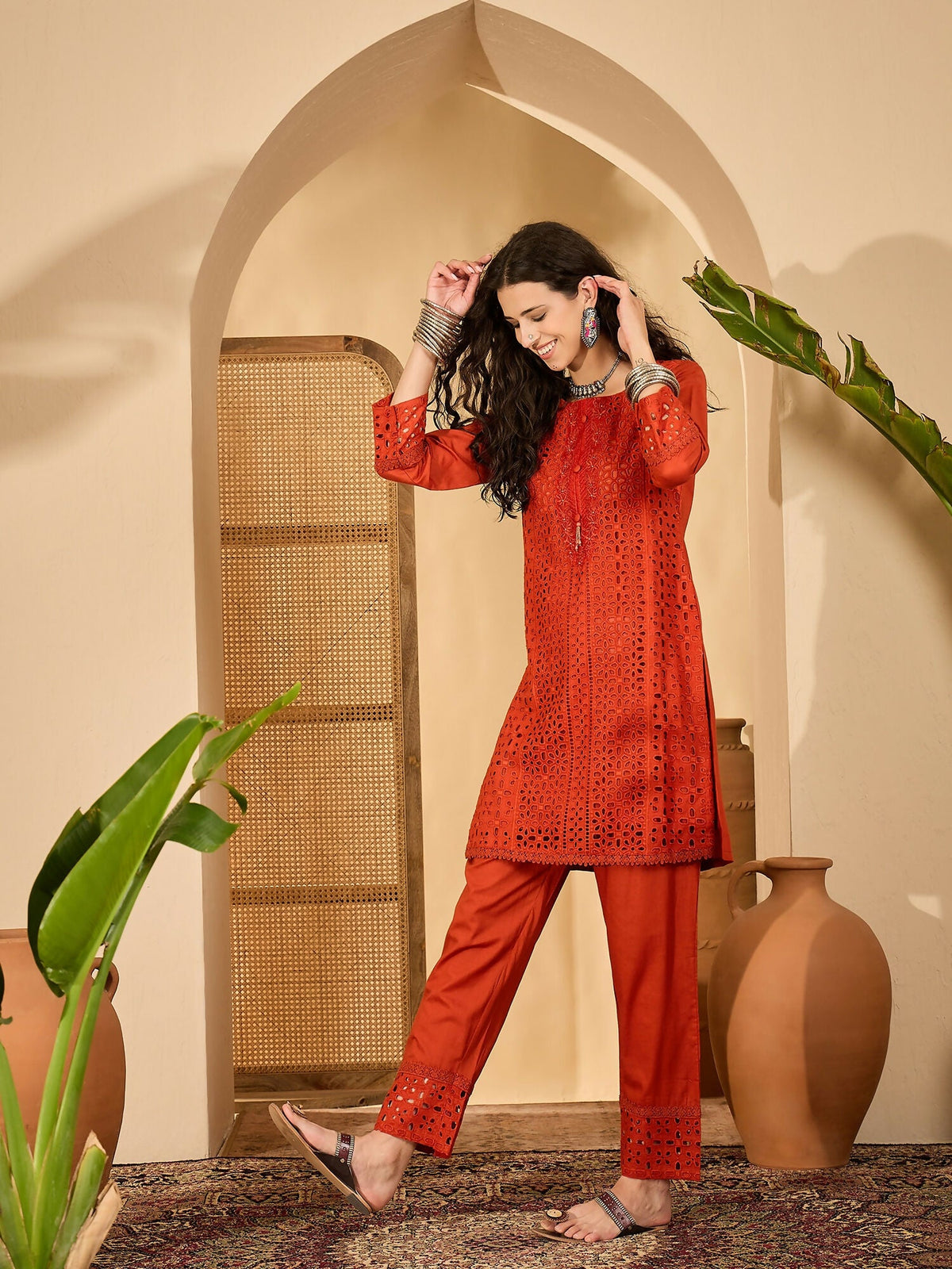Rust Pure Cotton Embroidered Co-ord Set for Women