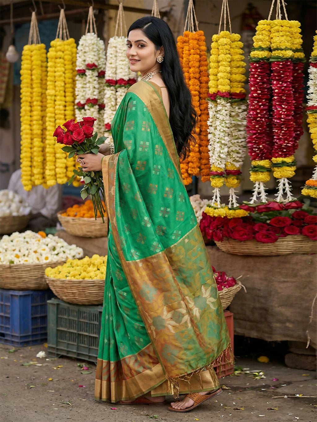 Green Pochampally Silk Saree with Matching Blouse Piece