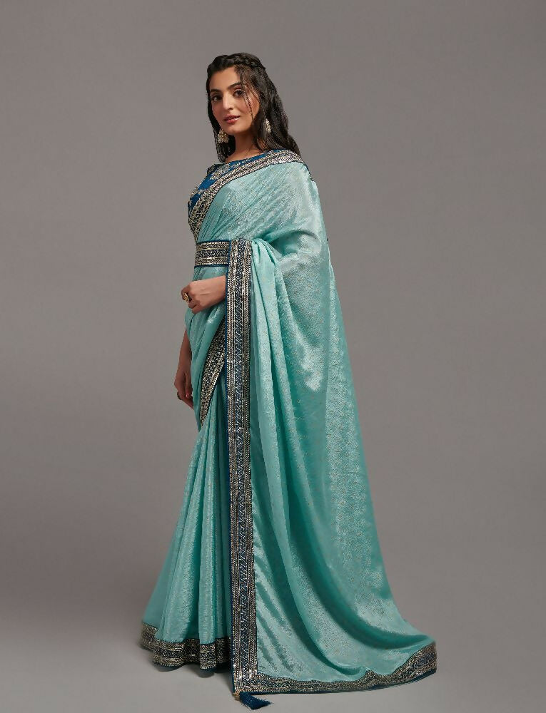 Sky Chinon Saree with Embroidery Lace and Matching Blouse