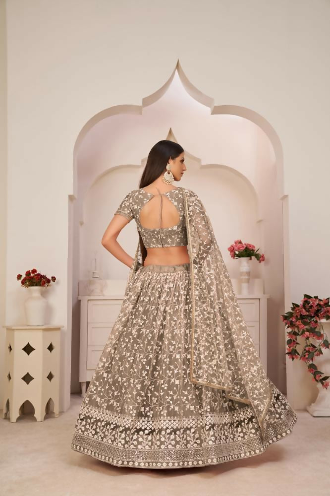 Chocolate Brown Butterfly Net Wedding Lehenga with Zari Work