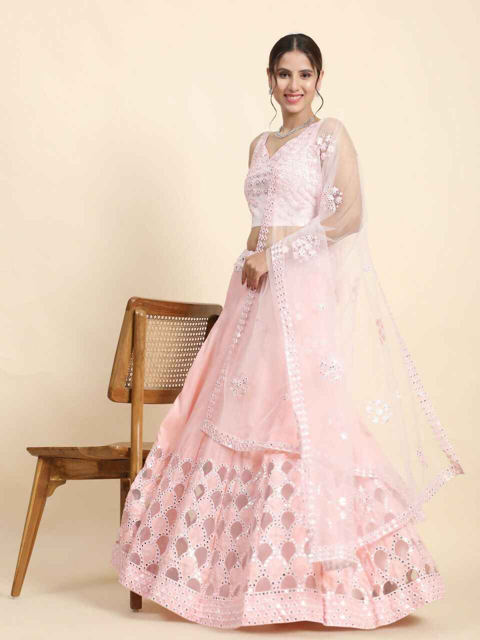 Baby Pink Silk Thread & Paper Mirror Lehenga Choli with Dupatta