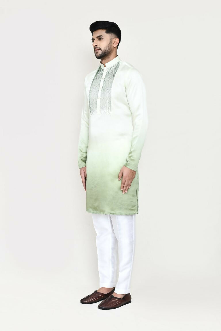 Green Satin Silk Kurta and Straight Fit Pant Set